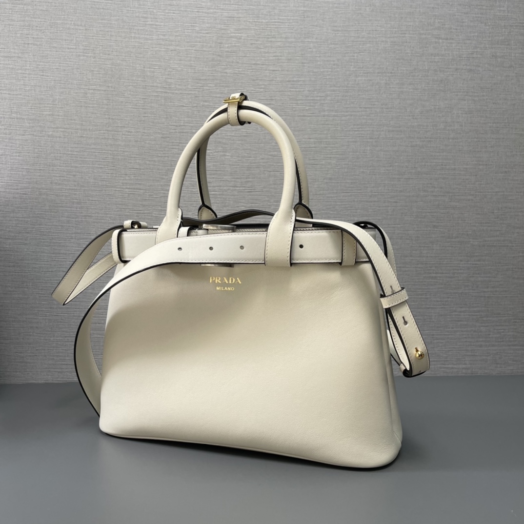 Prada Medium Buckle Leather Handbag Shoulder Bag With Belt White 1BA434